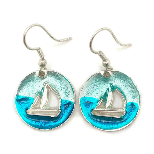 Pewter Sailboat Earrings With Color Enamel - 1304