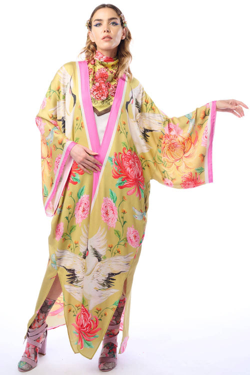 The Legend Of The Crane Maxi Kimono-Mustard