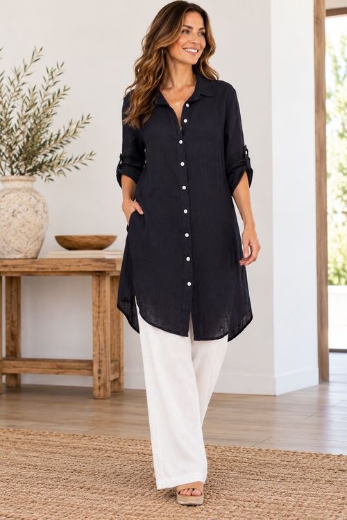 100% Linen 197 Button Front Tunic Top