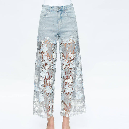 Wide Leg High Rise Jeans with Lace 8090