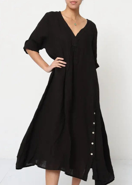 21938 Long Side Button-Up Detailed Linen Dress