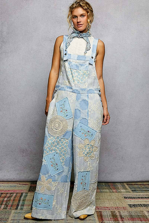 YKP240 Floral Patch Stitch Detail Wide Leg Woven Overalls