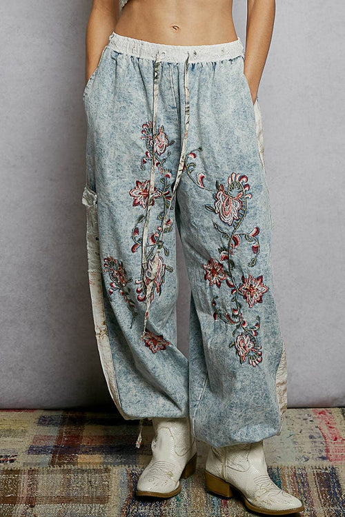Floral Embroidery Print Patch Joggers UWP43