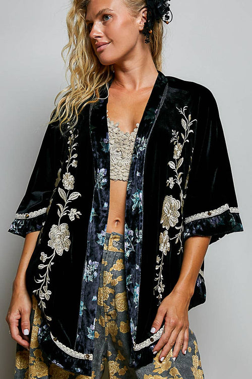 Bohemian Velvet Embroidered Ruffle Trim Cardigan Top