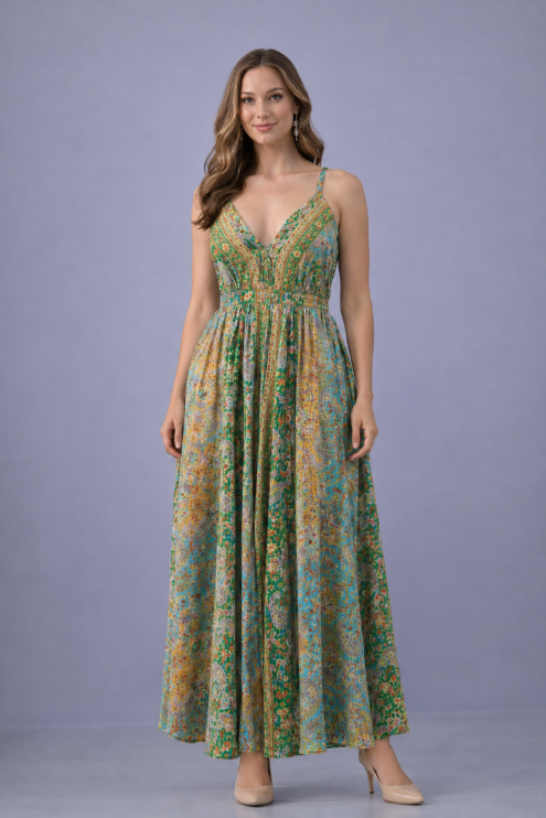 Elegant Bohemian Printed Maxi Dress with Adjustable Straps AB-16101