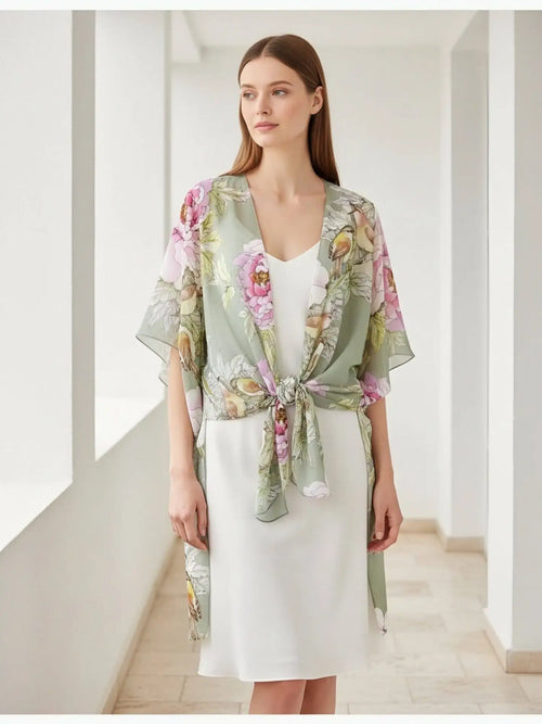 JC071279 Green and Pink Singing Bird & Peony Kimono