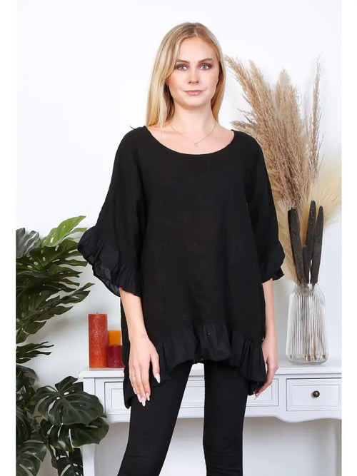 3246 Ruffle Trim & Sleeve Linen Top *