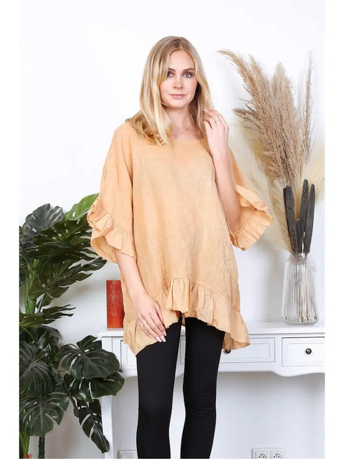 3246 Ruffle Trim & Sleeve Linen Top *