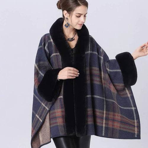 Faux Fur Trim Plaid Poncho