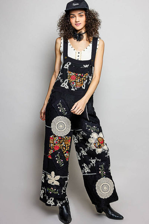 YKP240 Floral Patch Stitch Detail Wide Leg Woven Overalls