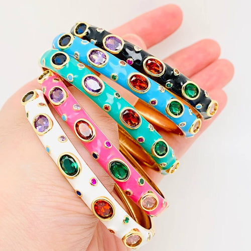 Cubic Zirconia Gold Plated Enamel Bangle
