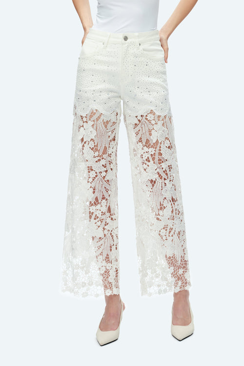 White Wide Leg High Rise Jeans with Lace 8090
