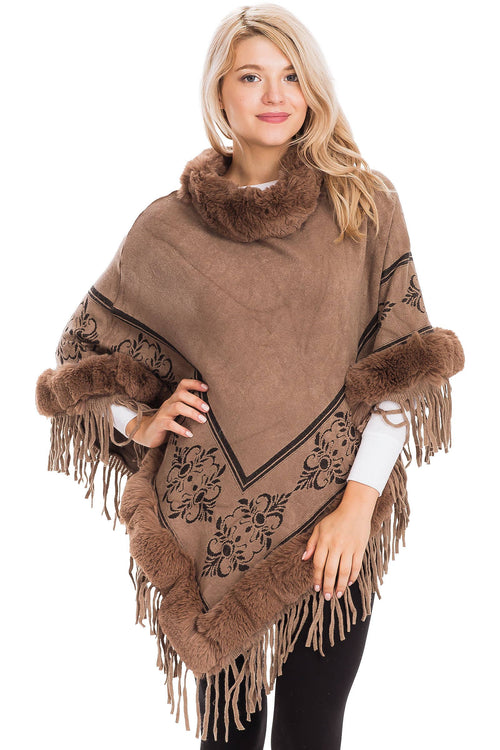 Luxe Ornate Floral Faux Fur Trim Poncho
