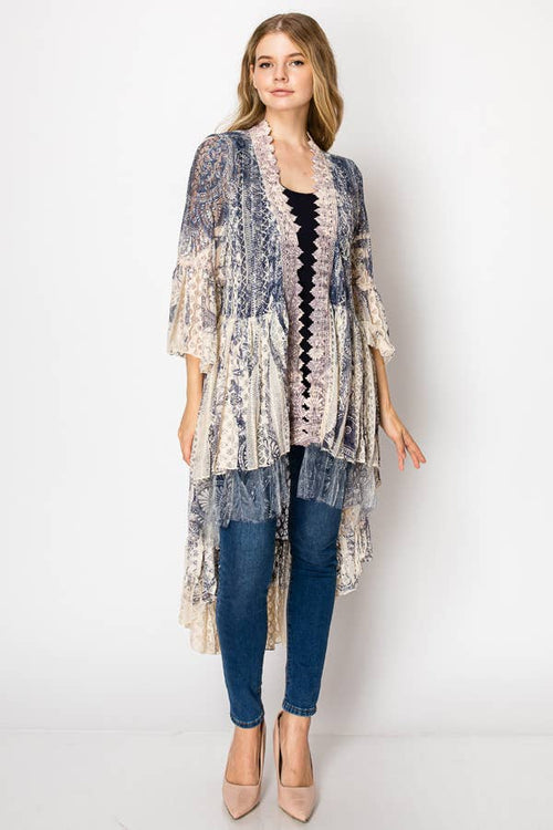 Ethereal Lace Tiered High-Low Kimono Cardigan - 4508 BG M GREY