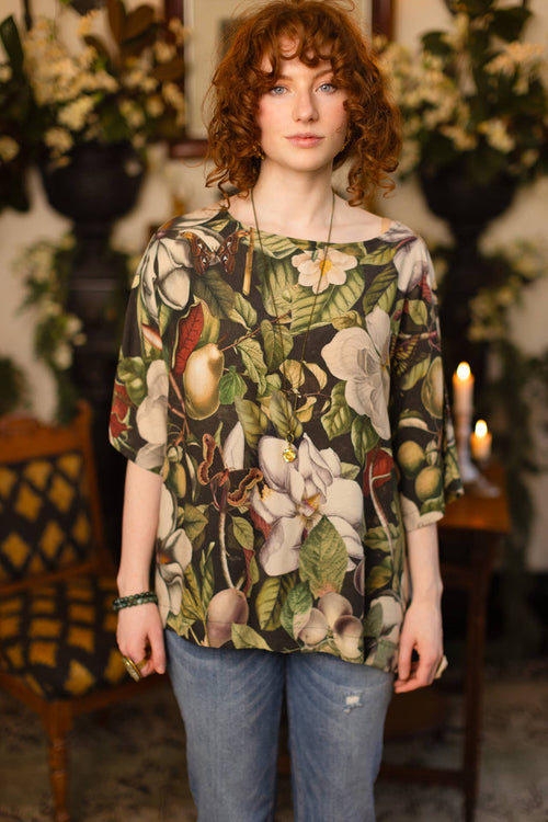 Fleur De Lune Luxe Tee Tunic Shirt w/ Floral Print & Bees