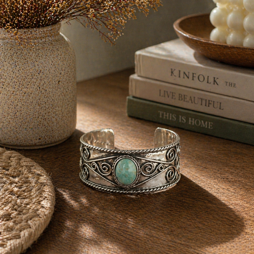 Handcrafted Kashi Antique Silver Cuff with Amazonite B4204