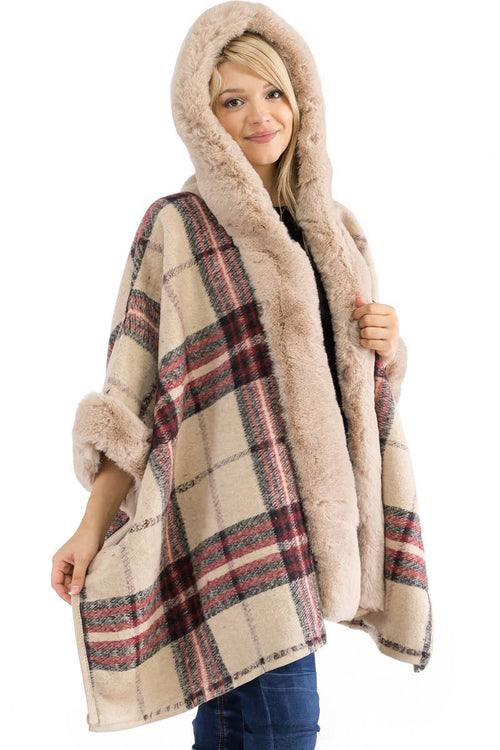 Plaid Faux Cashmere Fur Trim Ruana Hooded Poncho