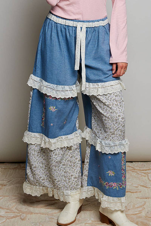 Embroidery Floral Wide Leg Pants UWP165