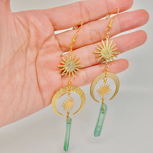 Green Crystal Pendant Star Moon Earrings - MS/CS