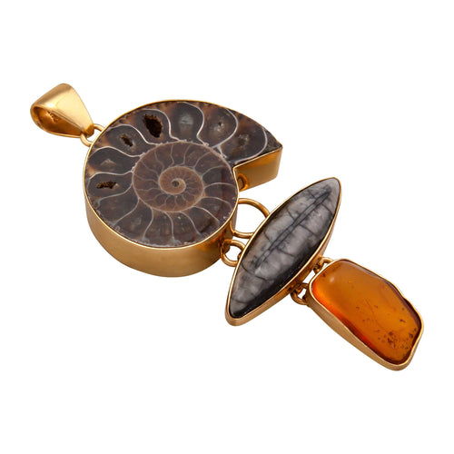 Alchemia Ammonite, Orthoceras & Amber Pendant on Alchemia Necklace