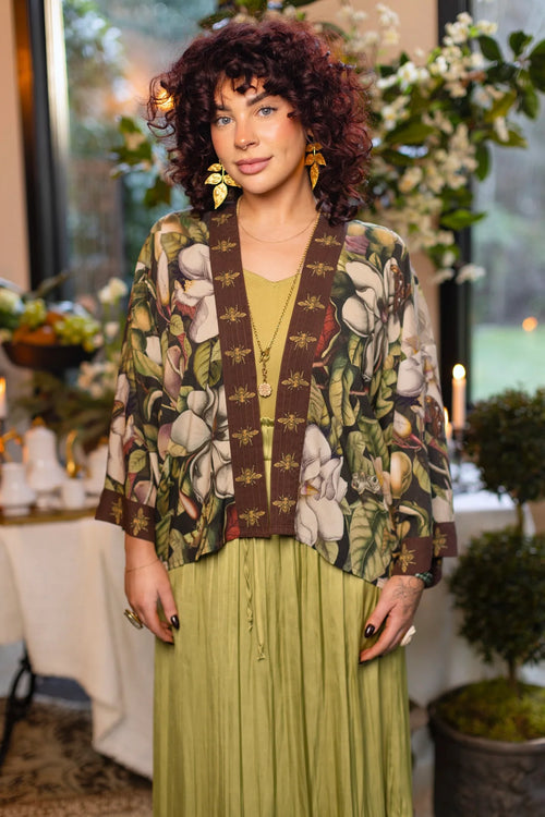 Fleur De Lune Pixie Duster Crop Kimono w/ Florals & Bees