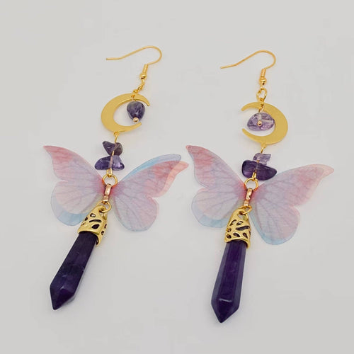 Butterfly Wings Amethyst Moon Pendant Earring - MS