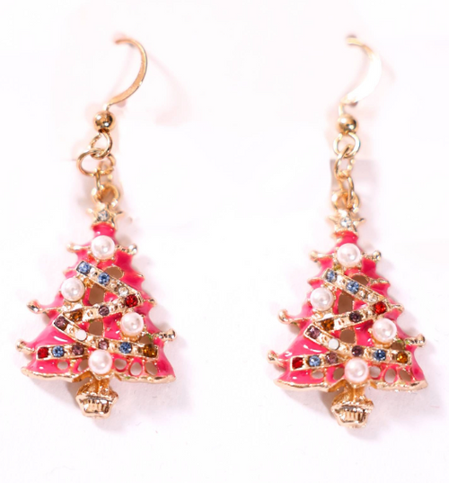Pink Christmas Tree Earrings