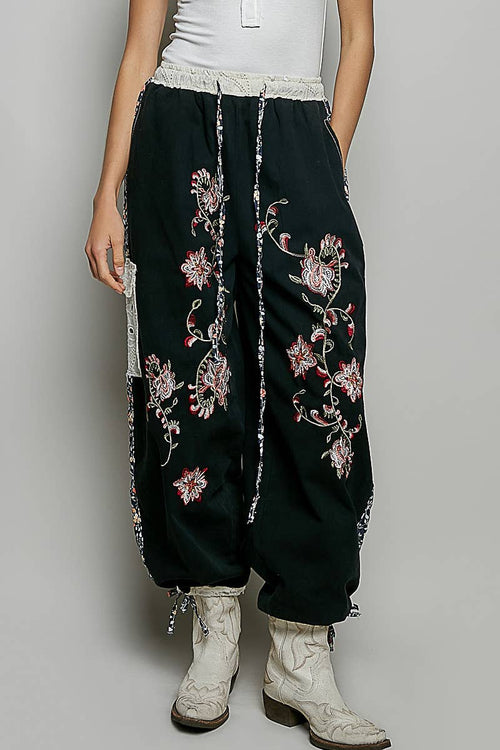 Floral Embroidery Print Patch Joggers UWP43