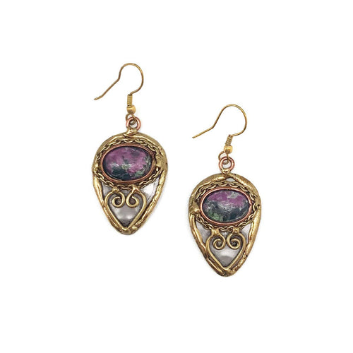 Mixed Metal and Ruby Zoisite Stone Earrings