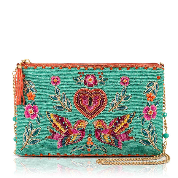 Two In Love Lovebirds and Heart on Turquoise Beaded Handbag