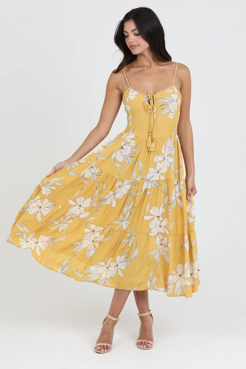 F4E88-FP79 Smocked Sides Strappy Back Midi Dress