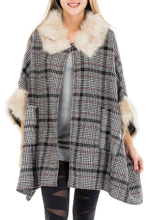 Vintage Fashion Plaid Faux Fur Pocketed Coat