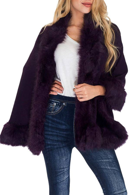 Solid Color Lux Faux Fur Trim Open Silhouette Cape Poncho