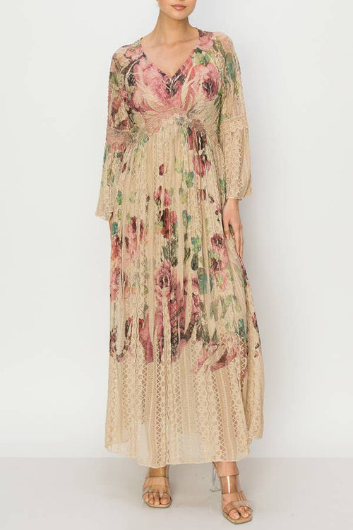 4658 TP Big Rose Lined Long All Lace Dress With Print