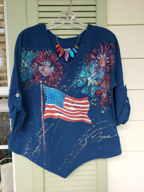 Patriotic Flag & Fireworks Hand-Painted Top!