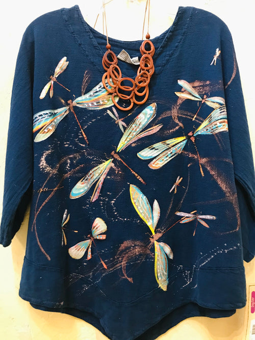 Dragonflies Indigo Hand-Painted Top
