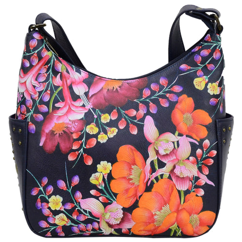 Hand-Painted Leather Classic Hobo With Studded Side Pockets - 433
