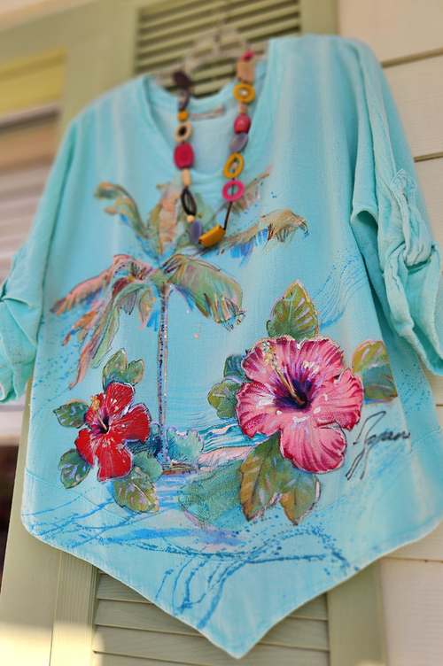 Palm Hibiscus Hand-Painted Top